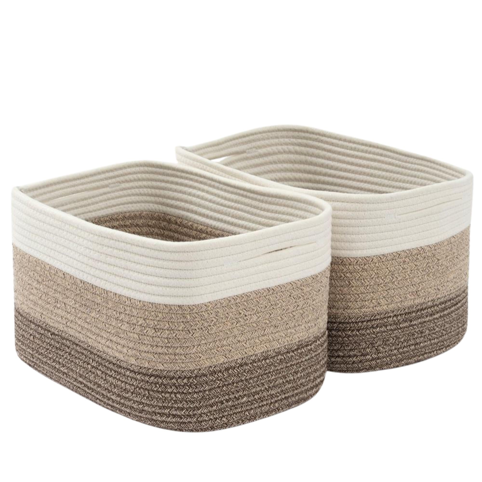 Woodluv Woven Storage Basket Set of 2, Cotton Rope Basket for Shelves Closet Organizer, Shelf Baskets for Toys, Books, Shoes, Decorative Baskets for Home Bathroom Decor, 37.5x25x22.5cm, Beige