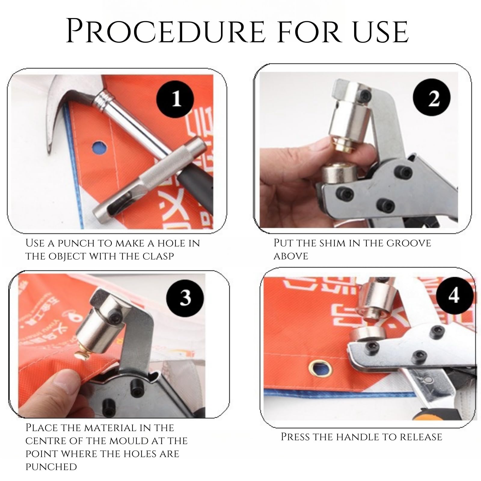1 pinza professionale per occhielli con 100 occhielli inossidabili (Ø 10 mm), pressa magnetica in acciaio temprato per tessuti e teloni, punzonatura per occhielli e occhielli in metallo