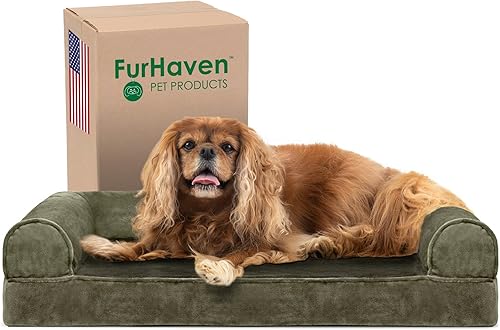 Miniatura 15 de Furhaven Cama para perro, espuma de gel refrescante, de pelo sintético y terciopelo, estilo sofá, color gris humo, talla L Almondine,Café,Crema,Dark