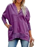 Oversized Sweatshirt for Women Batwing Sleeve Hoodies Casual Button V Neck Plus Size Hooded Pullover Top with Pocket