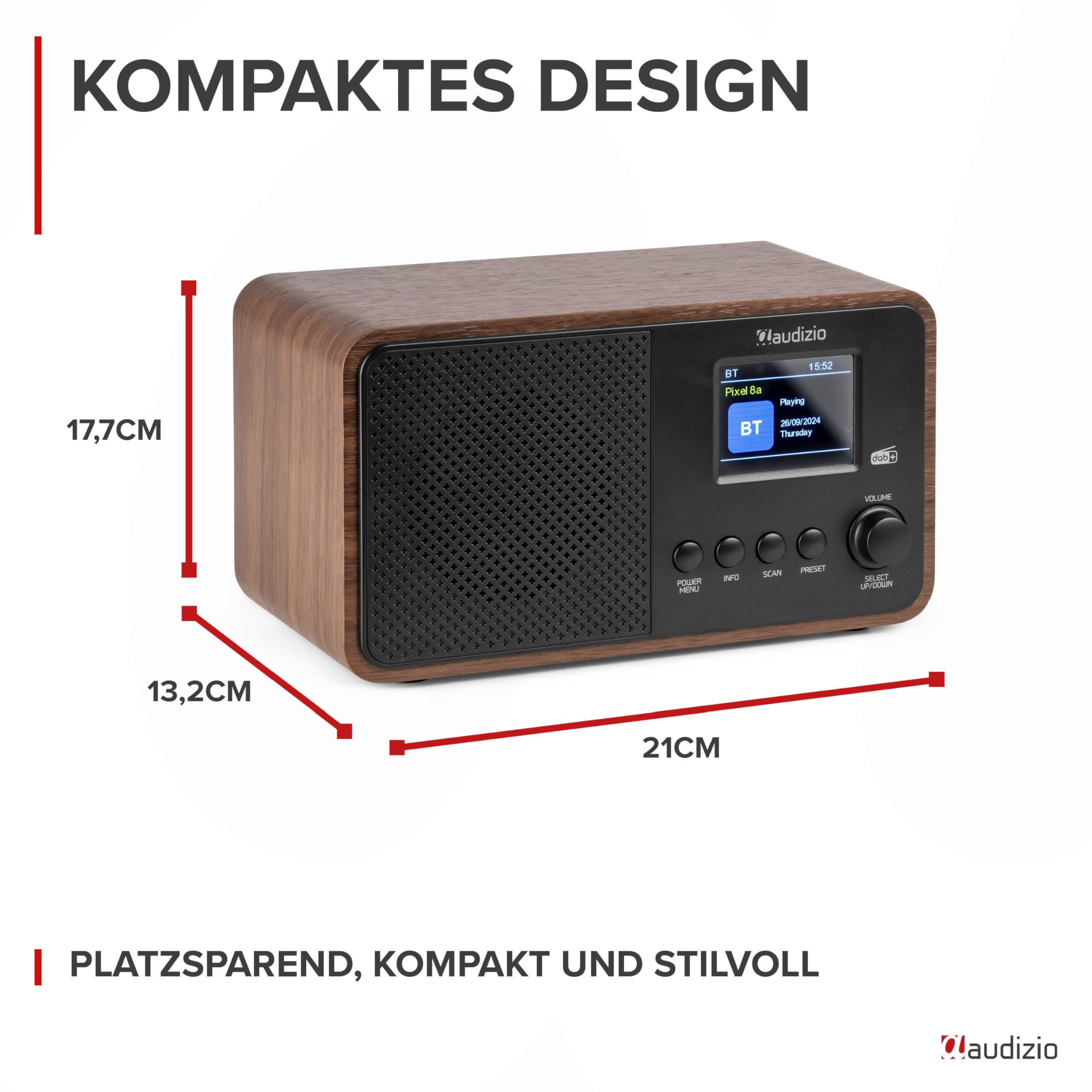 Audizio Avio - Kompaktes DAB Plus Radio mit Bluetooth, Digitalradio, FM & UKW, AUX, 30W Lautsprecher, 40 Speicherplätze, Küchenradio mit Display, Radiowecker mit Sleeptimer, Auto-Suchlauf - Schwarz