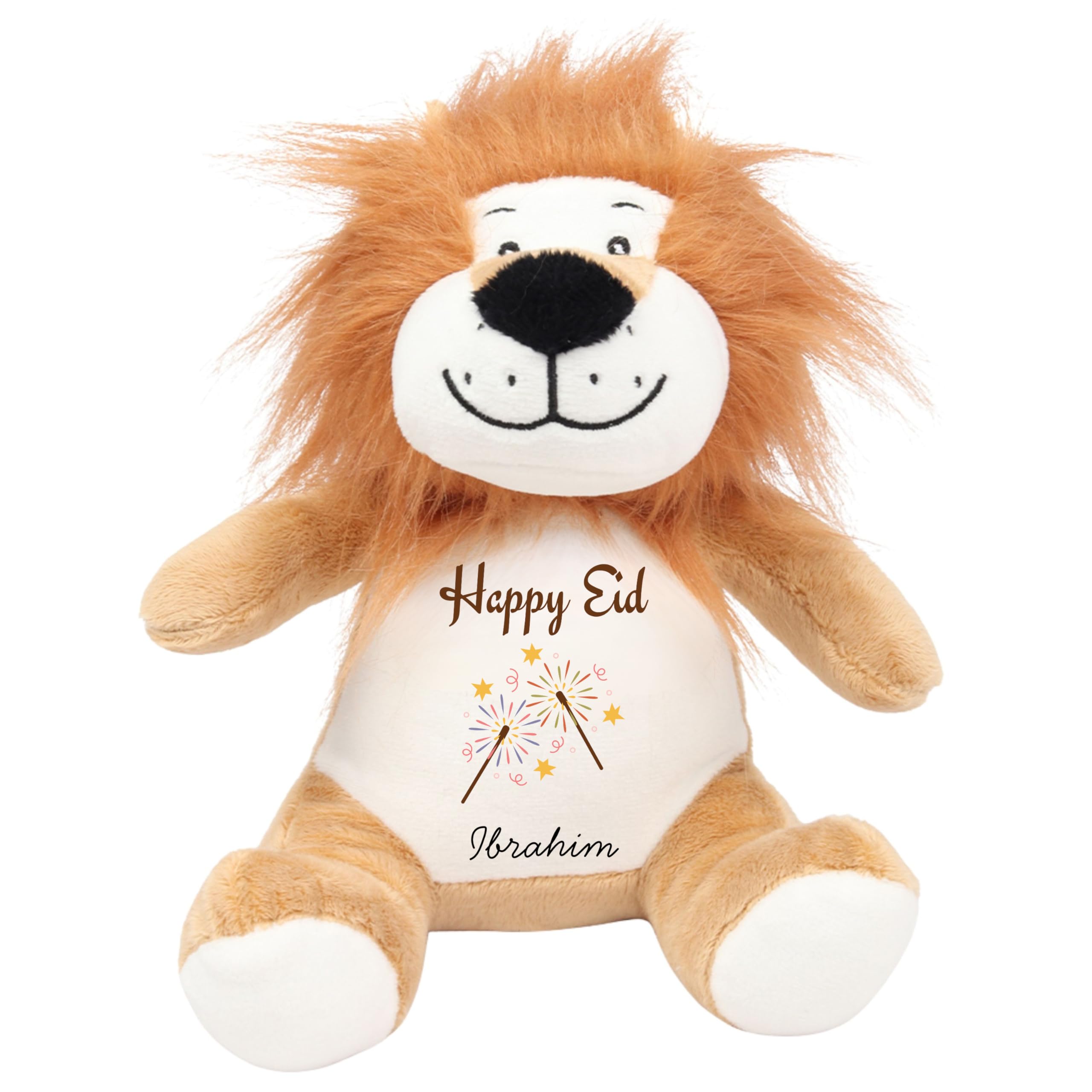HotScamp Eid Gift Cuddly Toy - Personalised Happy Eid Mubarak Firework Customised Teddy Kids Plush Named Ramadan My First Muslim Islamic Baby Child Soft Plushie - Brown Lion