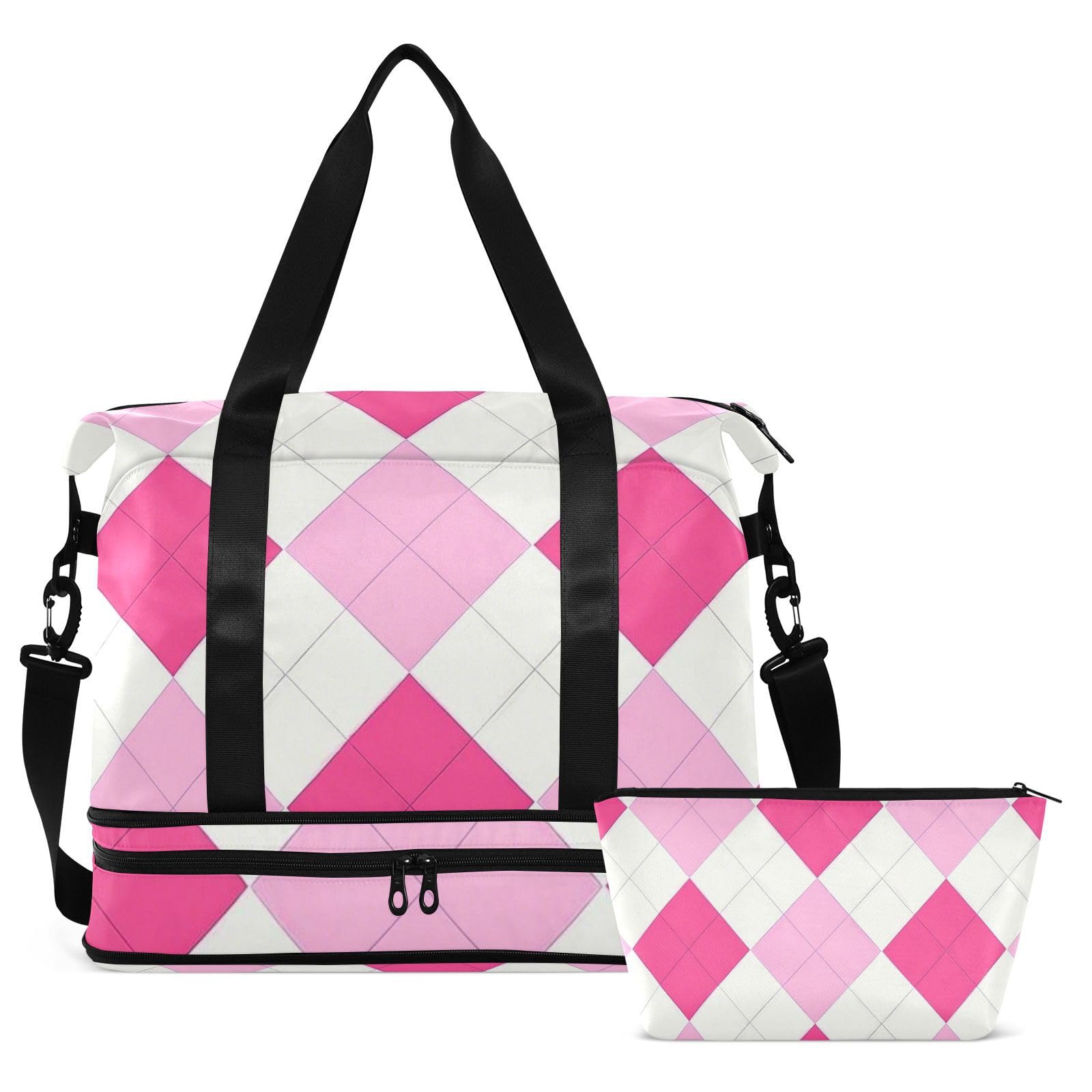 Bolsa de viaje a cuadros magenta con bolsillo húmedo y correa ajustable para viajes, juego de 2 piezas para hombres y mujeres