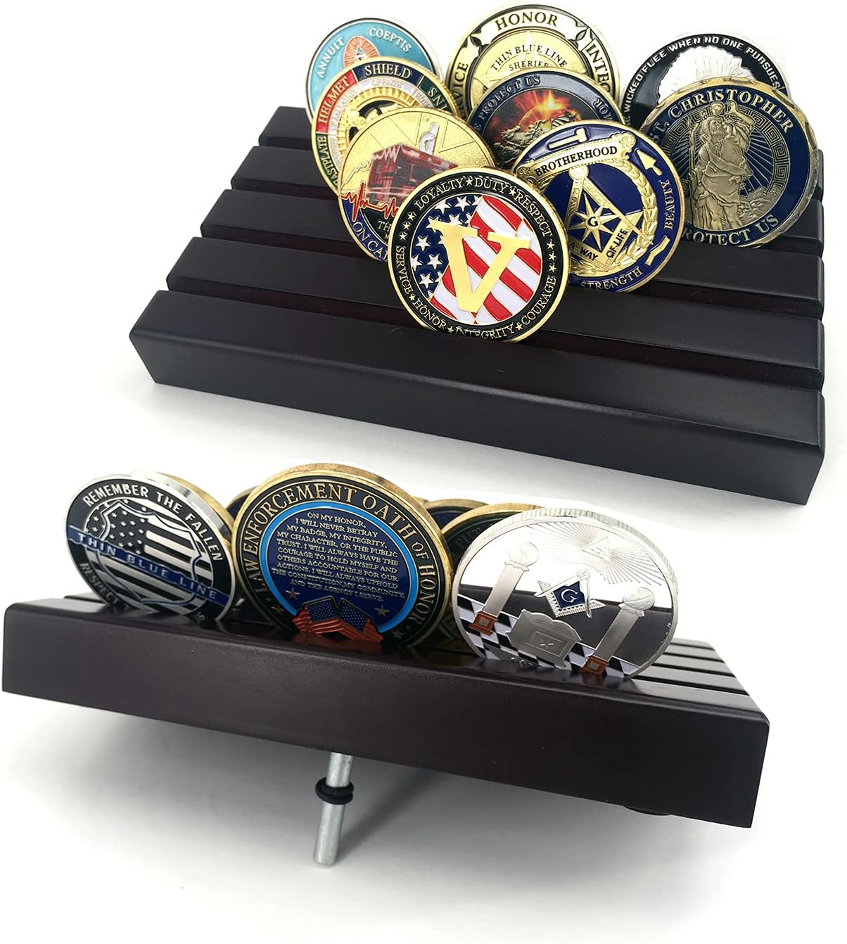 WOERDA 4 Rows Coin Holder,Military Challenge Coin Display Holder Stand, Holds 12-16 Coins
