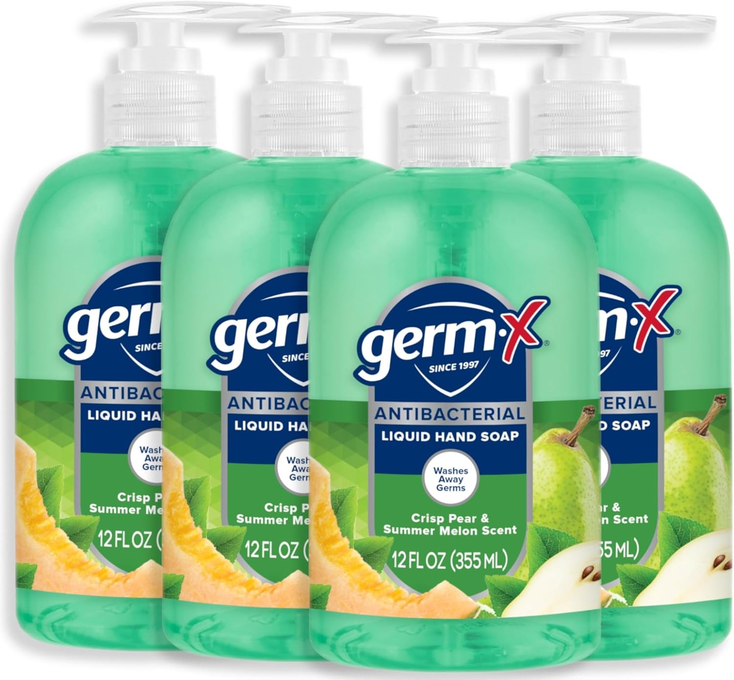 Germ-X Antibacterial Hand Soap, Moisturizing Liquid Hand Wash for Kitchen, pH Balanced & Dermatologist Tested, Back to School Supplies, Crisp Pear & Summer Melon, 12 oz Pump Bottle (Pack of 4)