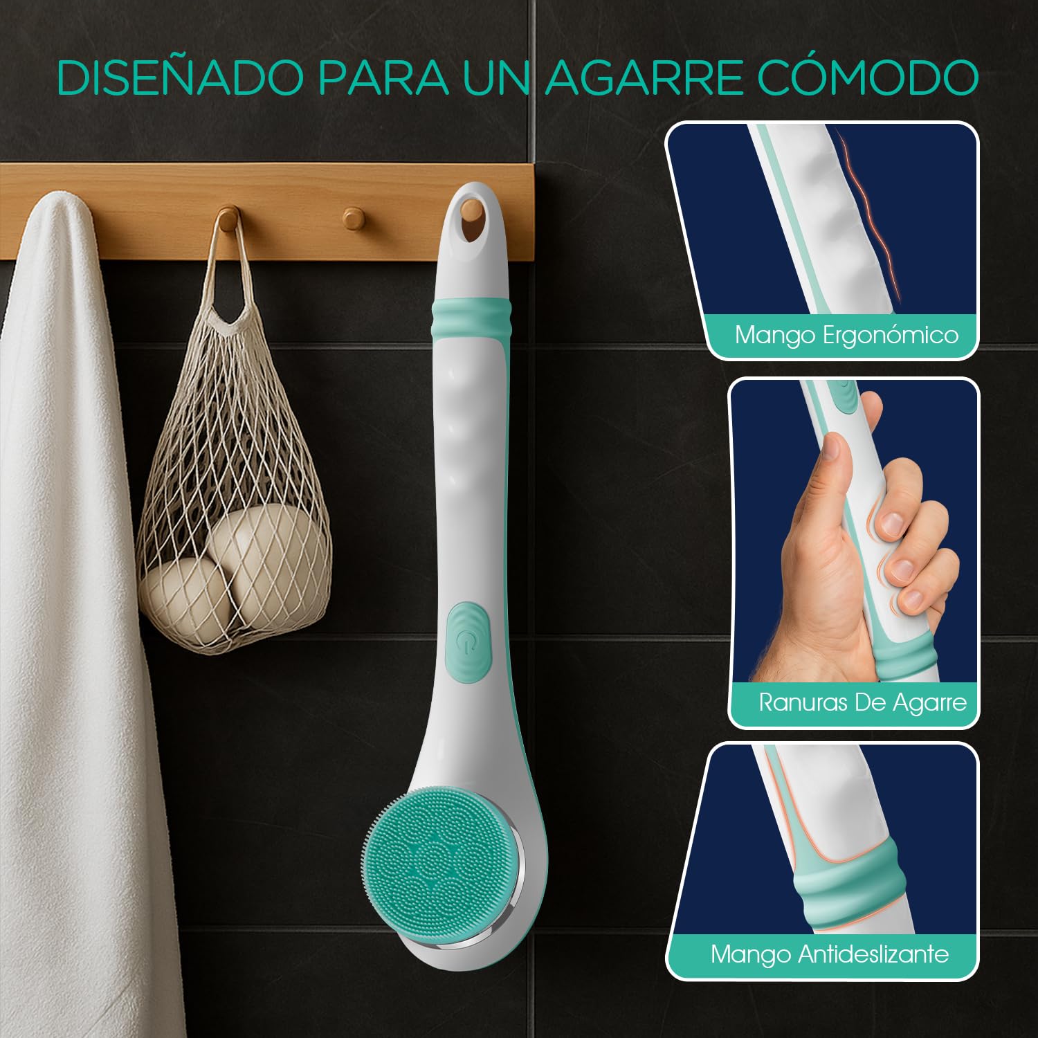 VOYOR Cepillo Espalda Ducha Cepillo Corporal 4 en 1 Electrico Recargable Cepillo Baño Espalda con Mango Largo para Exfoliante, Limpieza De La Piel, Masaje BC100 (Azul)