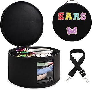 Chenille Letter Bow Mouse Ears Travel Case,Large Round Tiara Tote Storage Box,Headband Ears Display Storage Box with Shoulder Straps for Hairband,Tiara and Hair Accessories Storage Travel Picnic Park