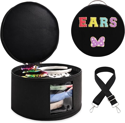 gjulrfu Chenille Letter Bow Mouse Ears Travel Case,Large Round Tiara Tote Storage Box,Headband Ears Display Storage Box with Shoulder Straps for Hairband,Tiara and Hair Accessories Storage Travel Picnic Park