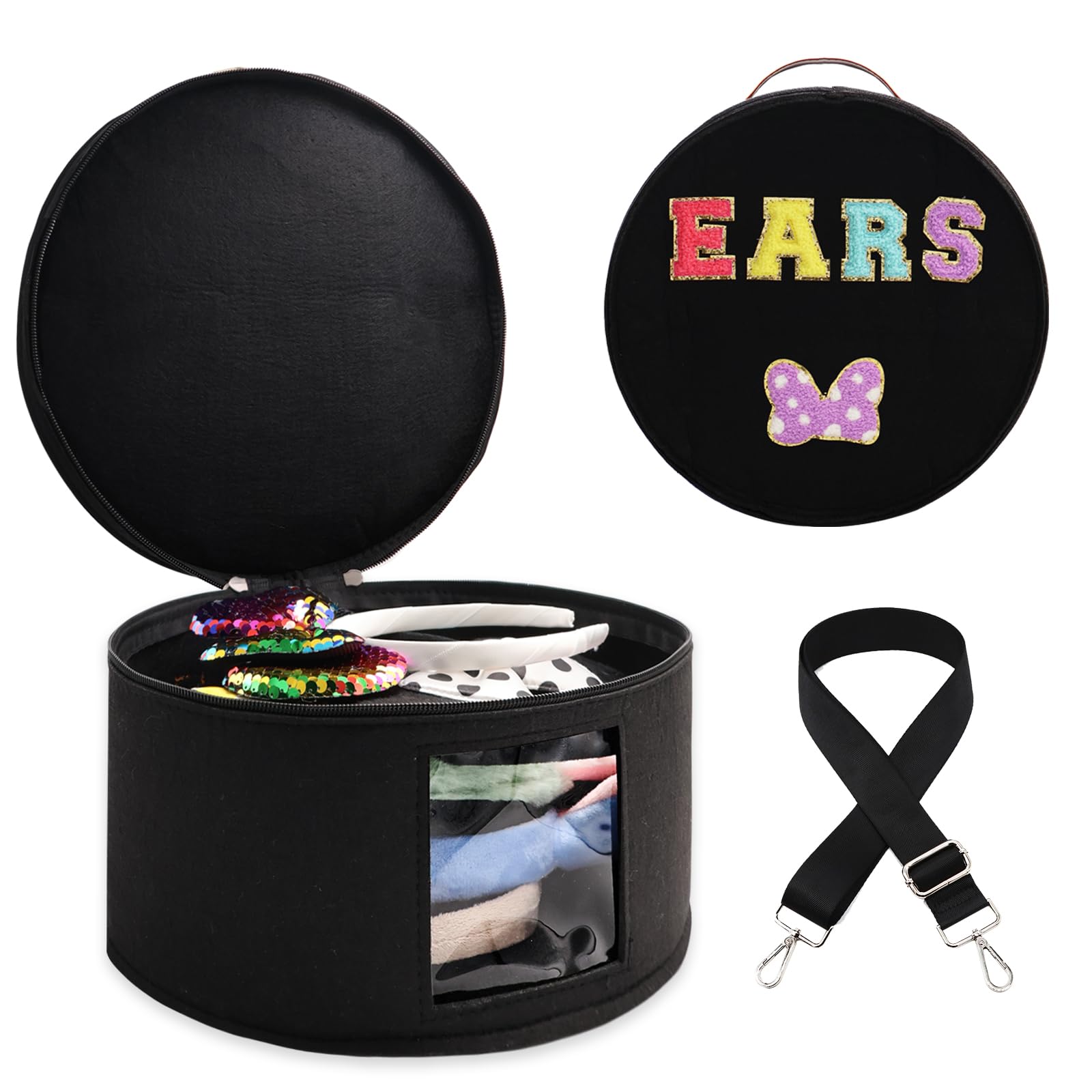 Chenille Letter Bow Mouse Ears Travel Case,Large Round Tiara Tote Storage Box,Headband Ears Display Storage Box with Shoulder Straps for Hairband,Tiara and Hair Accessories Storage Travel Picnic Park