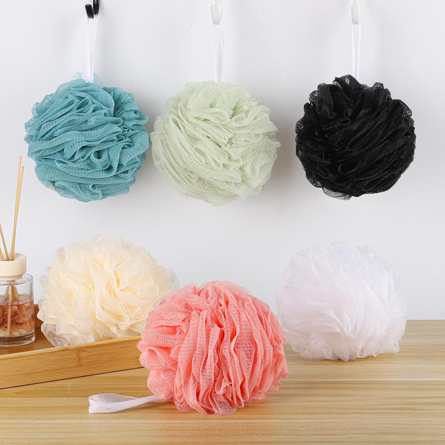 6 Pack Bath Sponge, 100g/pc XXL Large Mesh Pouf Shower Loofah Exfoliating Body Scrubber Shower Scrunchies