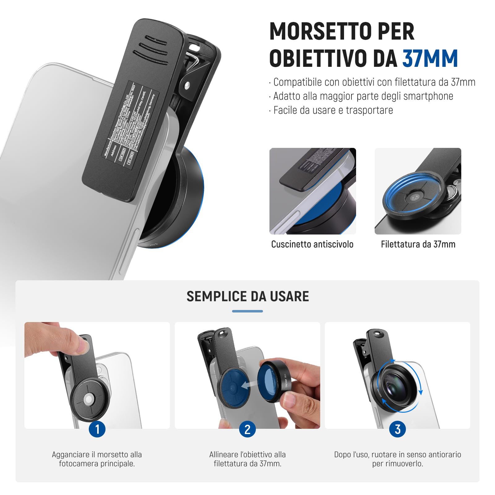 NEEWER BASICS Kit Obiettivo Macro 15x per Telefono con Morsetto per Lente da 37mm, Accessori per Fotocamera HD Compatibile con iPhone Samsung Smartphone Android, LS-69