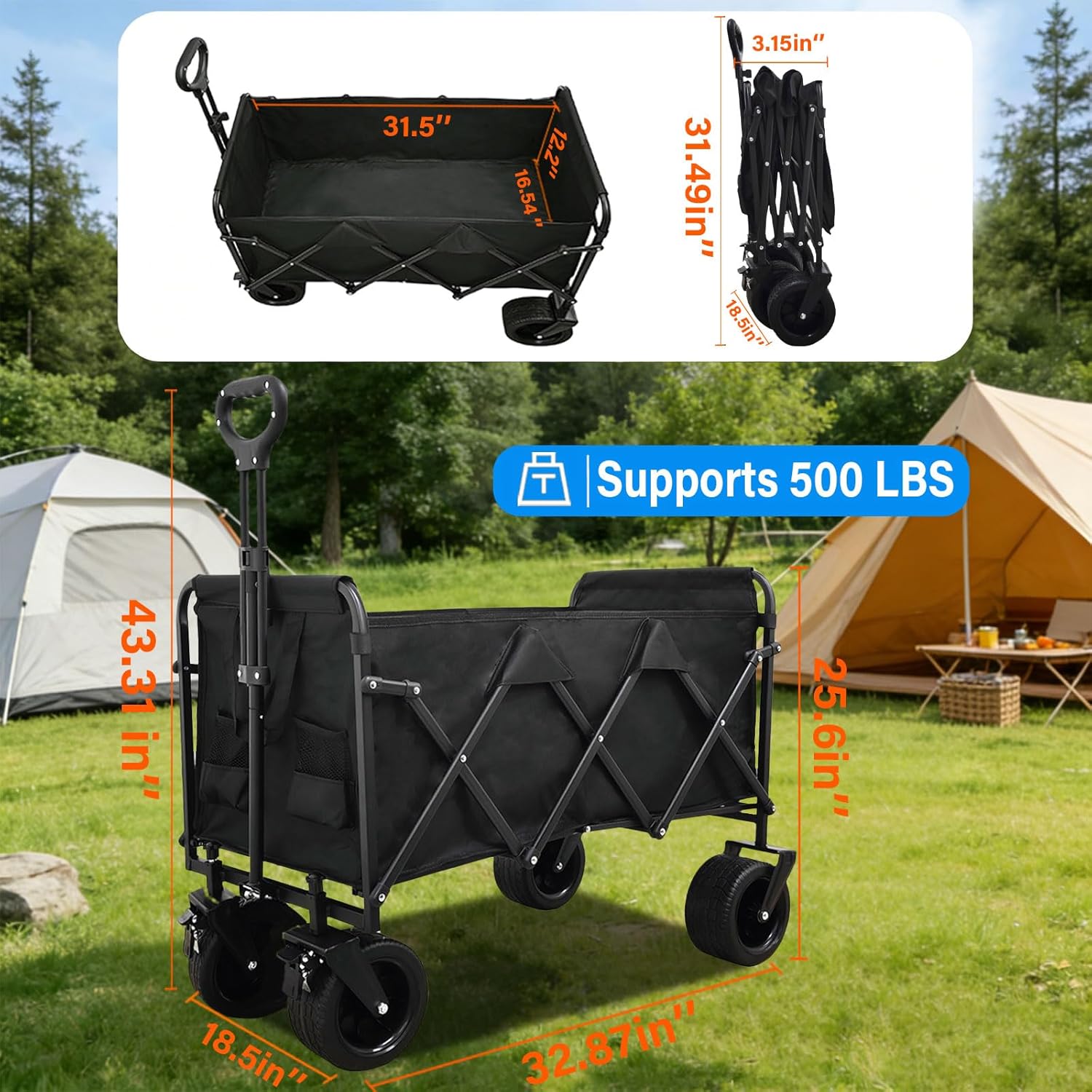 Heavy Duty Collapsible Wagon Cart, Foldable Camping Wagon with 110 cm Adjustable Handle, Big All-Terrain Wheels & Cup Holders, for Men, Heavy Hauling, Supermarket, Camping