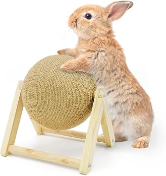 Fhiny Rabbit Scratch Toy, Natural Solid Wood Sisal Scratching Ball for Indoor Kittens, Claws Scratching Ball for Kitten Bunny Guinea Pig Chinchilla Ferret or Other Small Animals Small