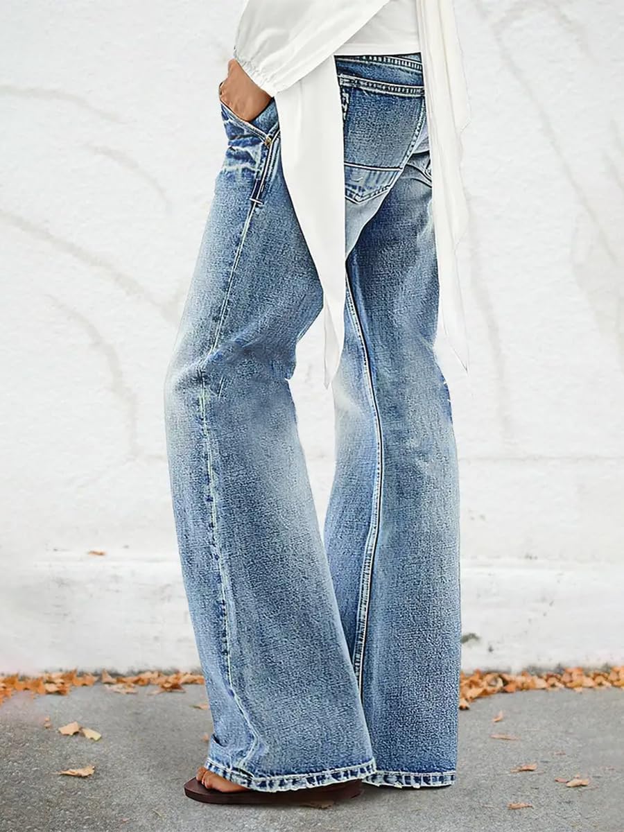Madrirdma Wide Leg Jeans for Women Mid Waist Baggy Stitch Decor Denim Washed Pants Without Belt