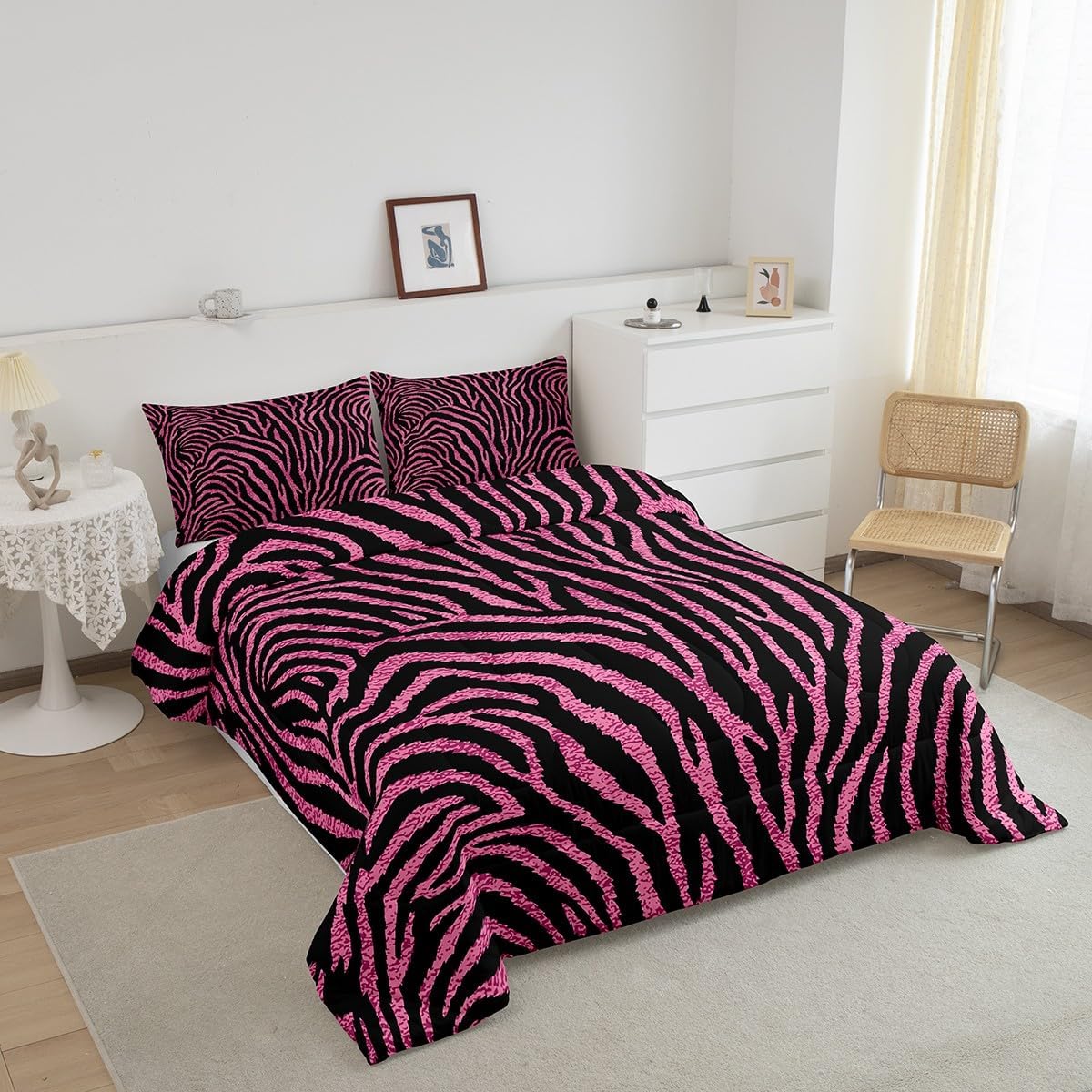 Castle Fairy Zebra Stripes Pink 3 Pcs Queen Size Comforter Set,Zebra Print Down Alternative Adults Room Decor,Wild Animal Skin Ultra Soft Microfiber Inner Fill 3Pcs Bedding