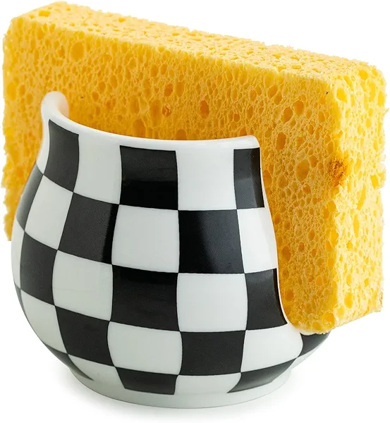 Checkered Sponge Holder for Kitchen Sink, Ceramic Dish Sponge Dish Rack Scrubby Holder Kitchen Organizer Cute Sink Caddy Organizer, Farmhouse Decor, Black and White Black and White Barrel-ty