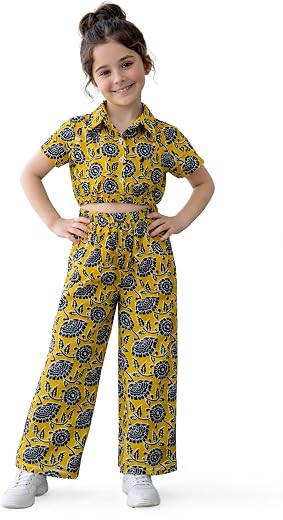 Fashion Dream Girl's Cotton Muastard Yellow Printed Co Ords|Top and Pant Set|Clothing Set|Kids Casual Co-Ord Set