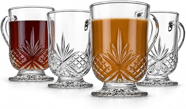 Godinger Crystal Coffee Mugs, Clear Glass Tea Cups, 10oz Set of 4 Dublin