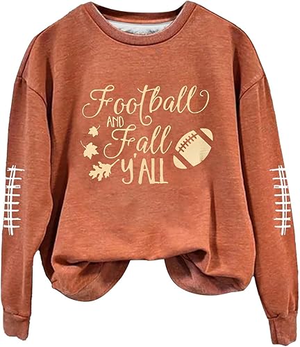 Women Football Fall Y'all Sweatshirt Long Sleeve Round Neck Funny Letter Print Hoodie Pullover Loose Casual Fashion Fall Tops