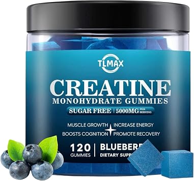 Creatine Monohydrate Gummies for Men & Women, 5g of Creatine Monohydrate per Serving with L-Taurine, Alpha GPC - Sugar Free, Low Calorie, Vegan & Halal, 120 Count Blueberry Flavor
