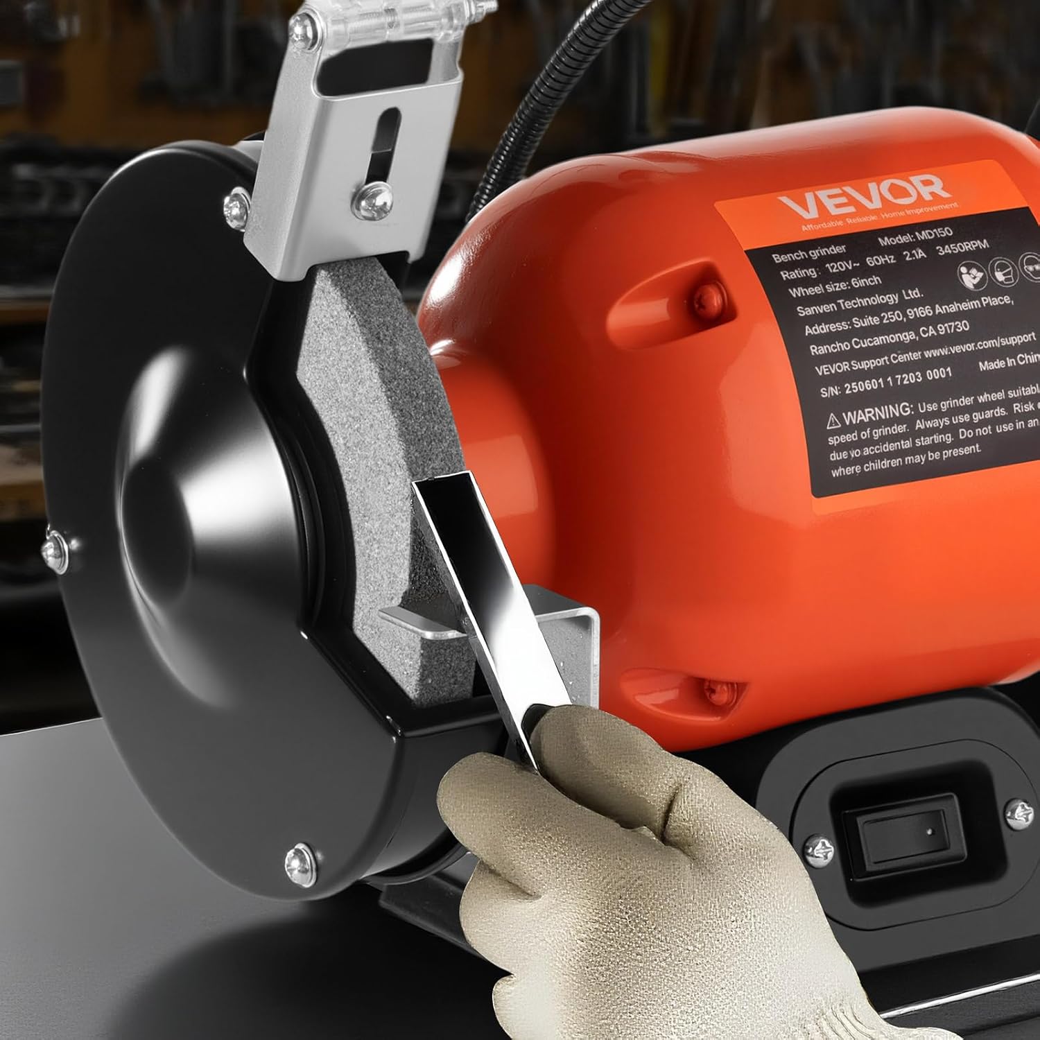 VEVOR Bench Grinder, 6-inch Single Speed Bench Grinder, 3450RPM High-Speed Table Grinders with 250W 2.1A 1/3Hp Induction Motor, 36/60-Grit Grinding Wheels & LED Work Light for Fast Sharpening Grinding