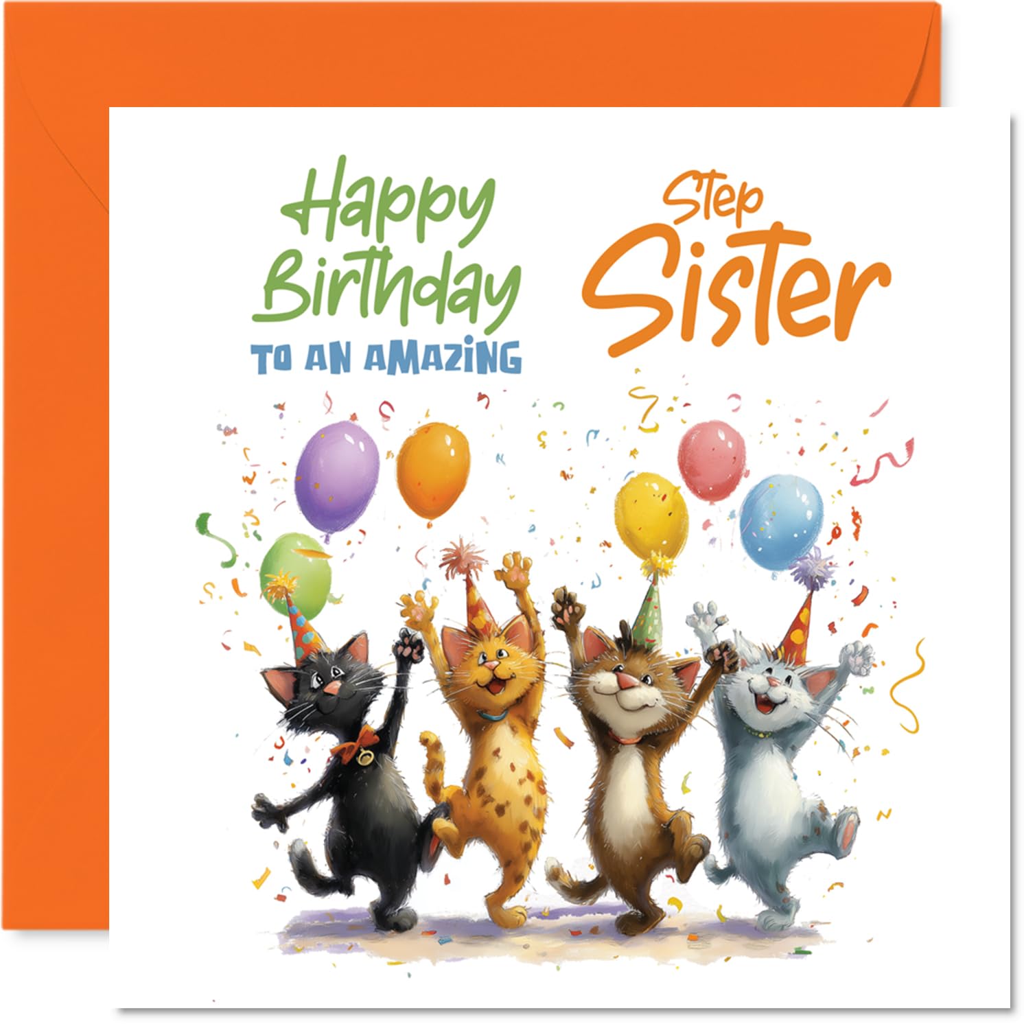 Playful Birthday Card for Step Sister - A Purr-fect Celebration - Festive Cats with Balloons and Confetti - Sure to Make Her Birthday Extra Fun - 145mm Square, Envelope Included