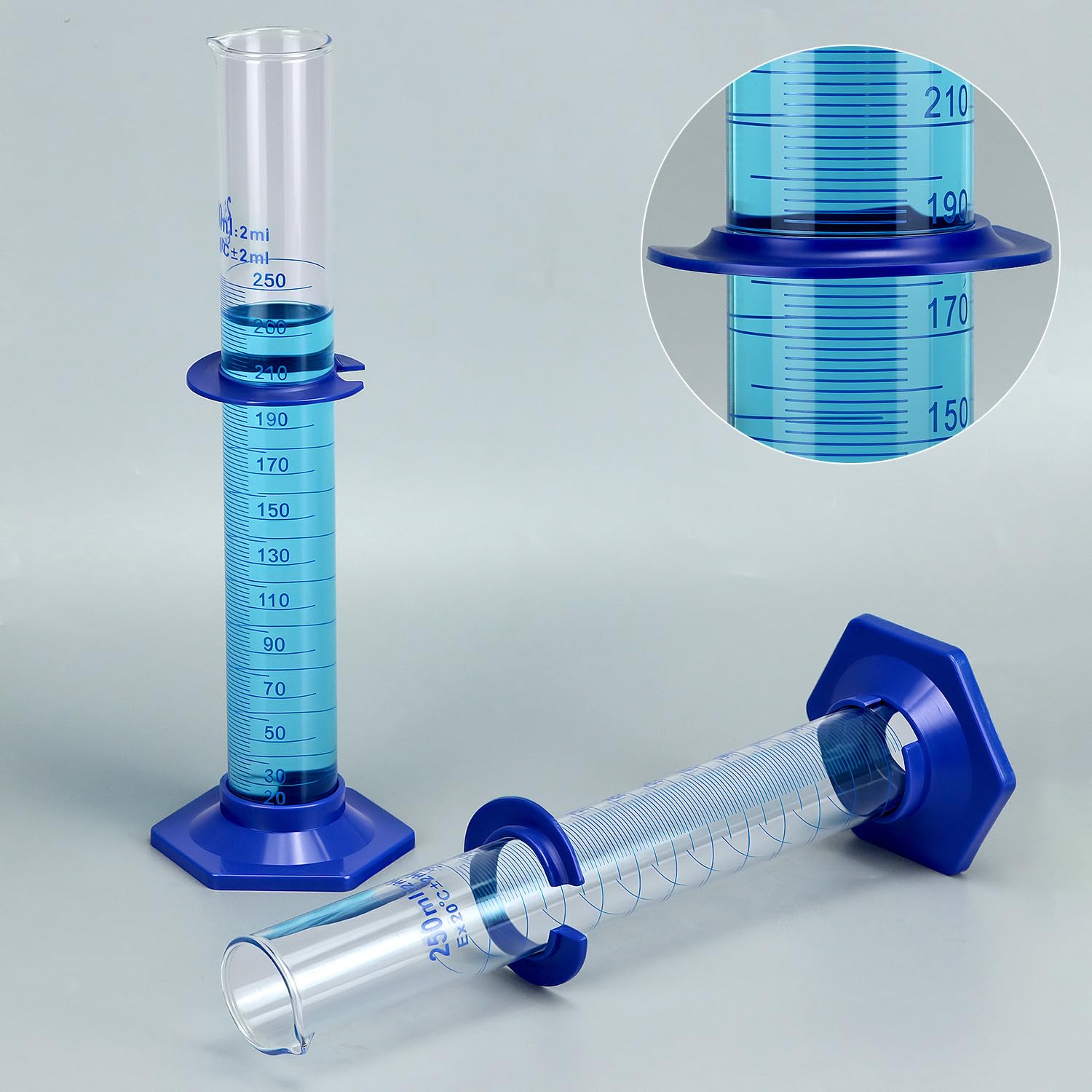 QWORK 250mL Glass Graduated Cylinder Set, 2 PCS 3.3 Borosilicate Measuring Cylinders with Bumper Guards and Cleaning Brush for Science Lab, Chemistry & Classroom Experiments