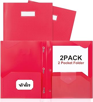 ViVin Plastic Folders with 3 Prongs,2 Pack,Heavy Duty 2-Pocket Folders with Fasteners Fits Letter Size Paper,Includes Labels,for School Home and OfficeRed