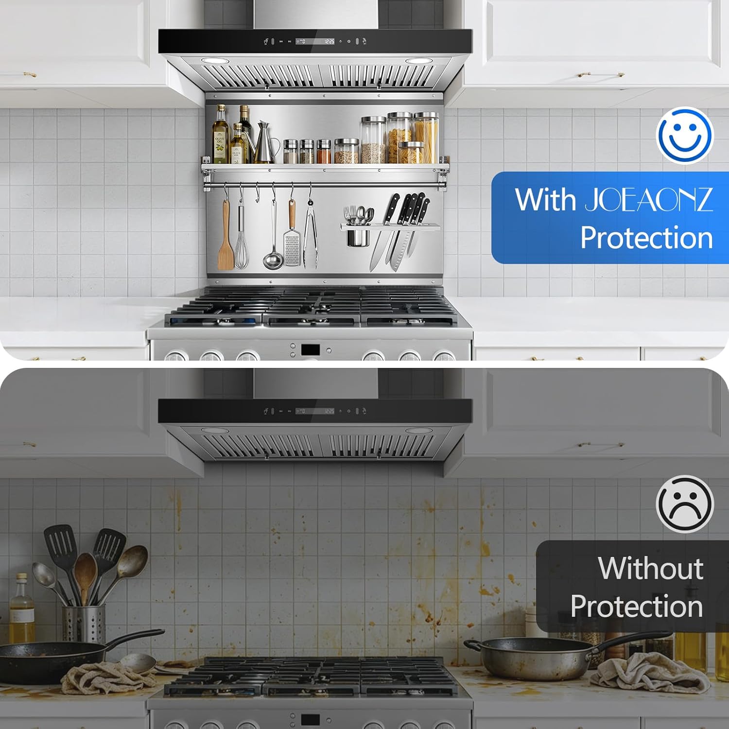 JOEAONZ 30" x 24" Stainless Steel Backsplash for Stove with Storage Shelf & Hooks, Heavy Duty 430 Metal Splatter Guard, Easy Wall Mount Shield, Fit Behind Range, Countertop or Sink