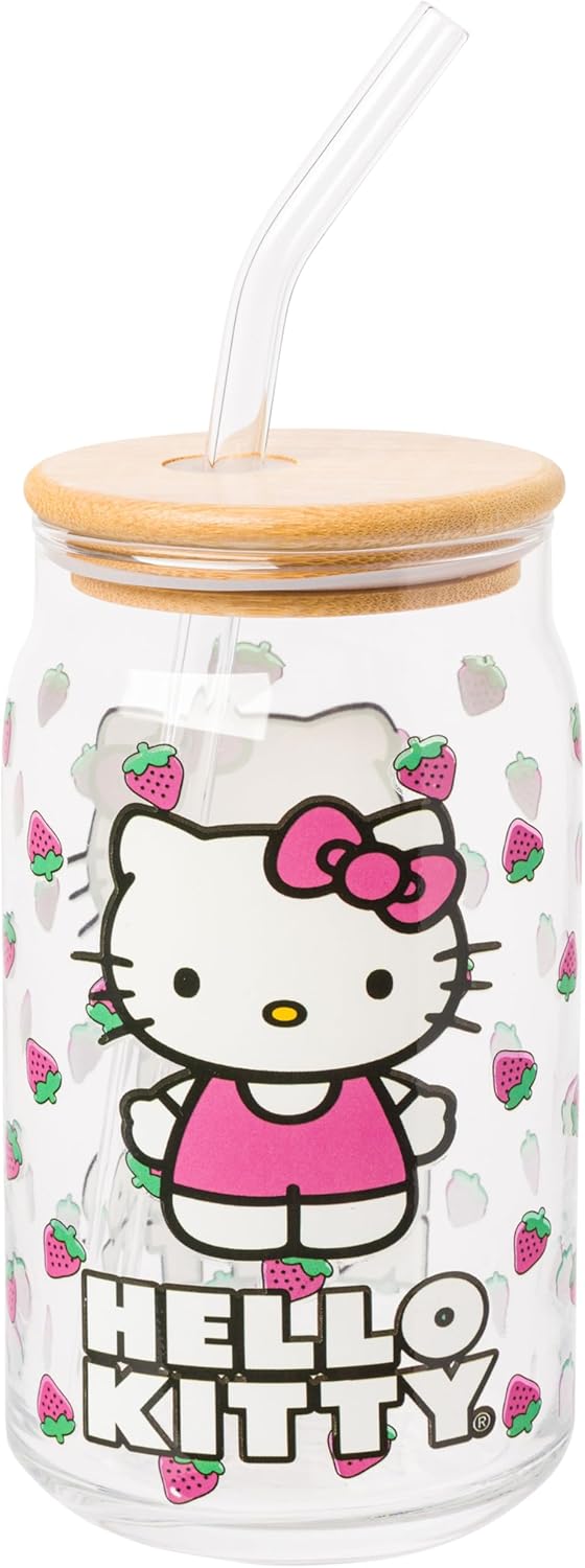 Silver Buffalo Sanrio Hello Kitty Strawberry Glass Jar Tumbler with Bamboo Lid and Glass Straw, 16 Ounces