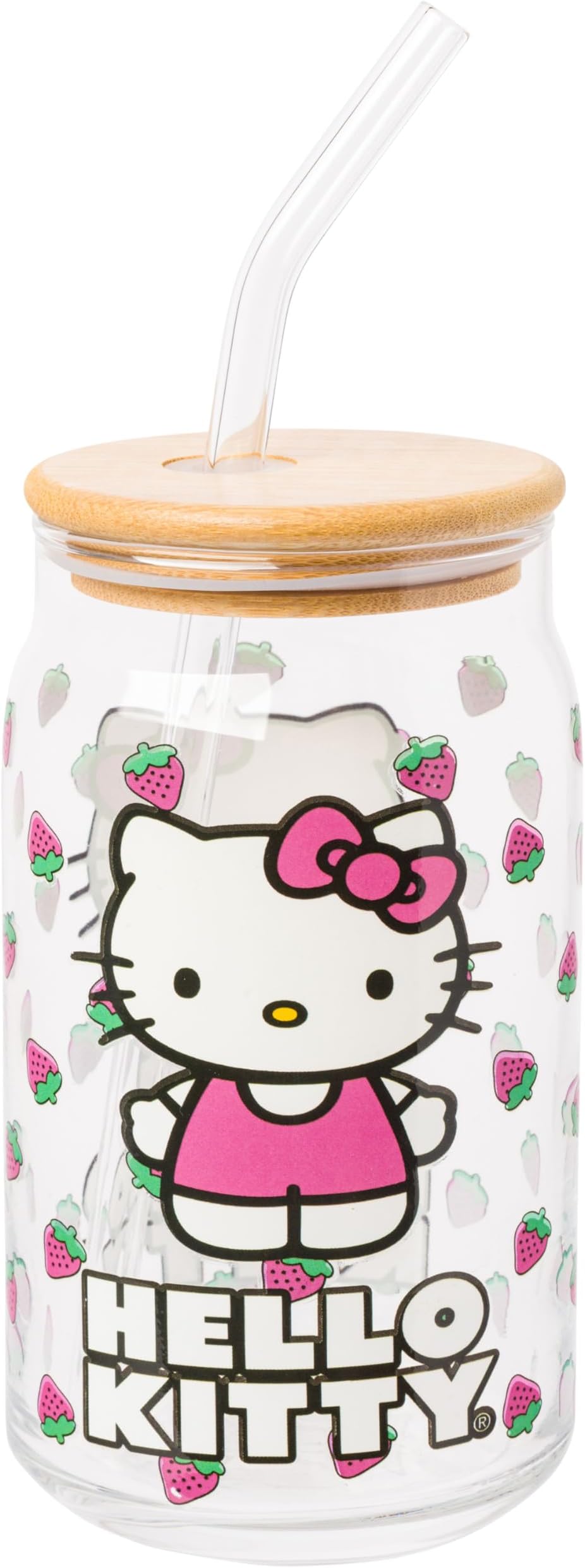 Sanrio Hello Kitty Strawberry 16-Ounce Glass Tumbler With Bamboo Lid and Straw