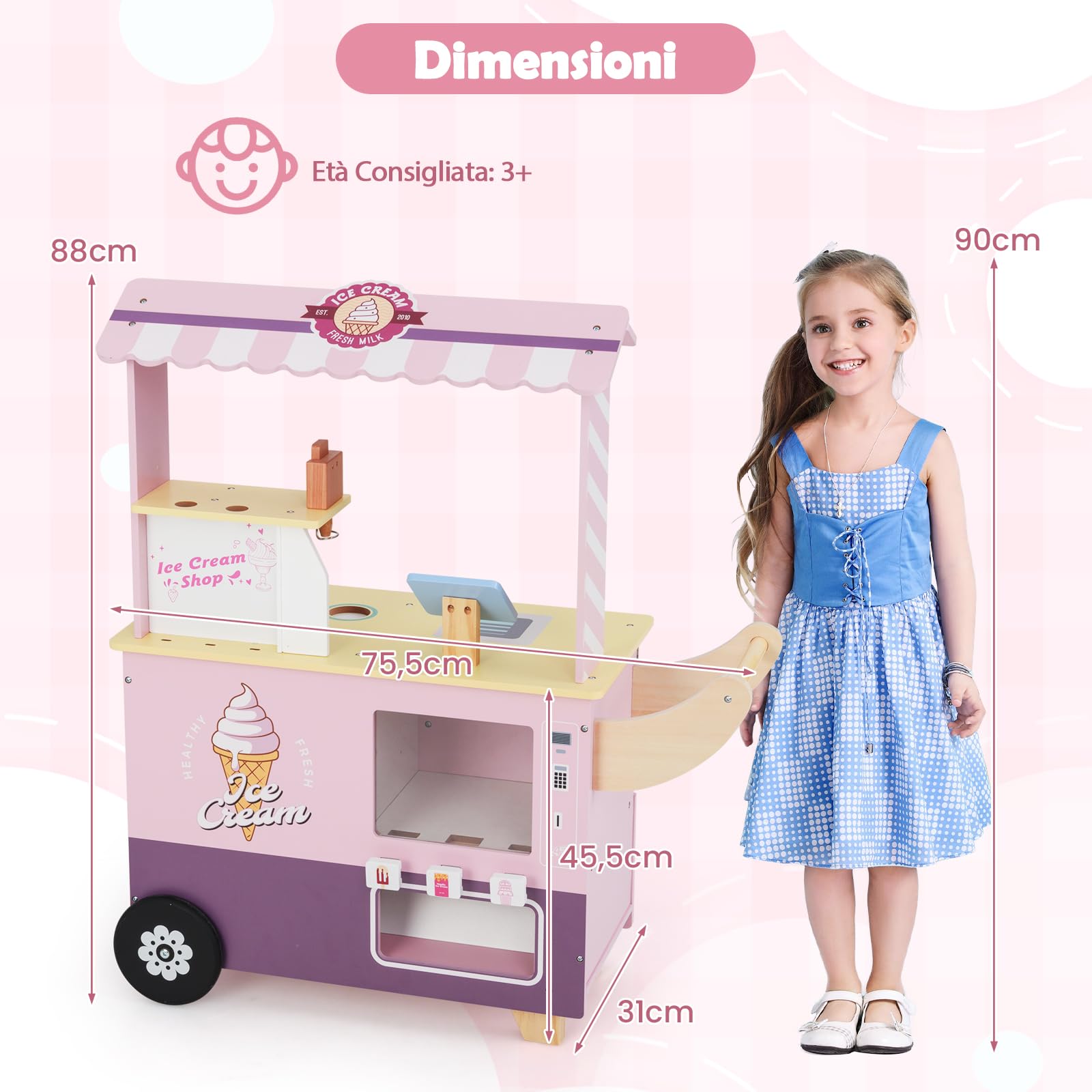 RELAX4LIFE Giocattolo Carrello Gelato per Bambini con 15 Pezzi di Giocattoli, Bancarella Gelato con Distributore Automatico, Espositore e Cassa, Carrello Gelato Mobile per Bambini 3+ Anni (ROSA)