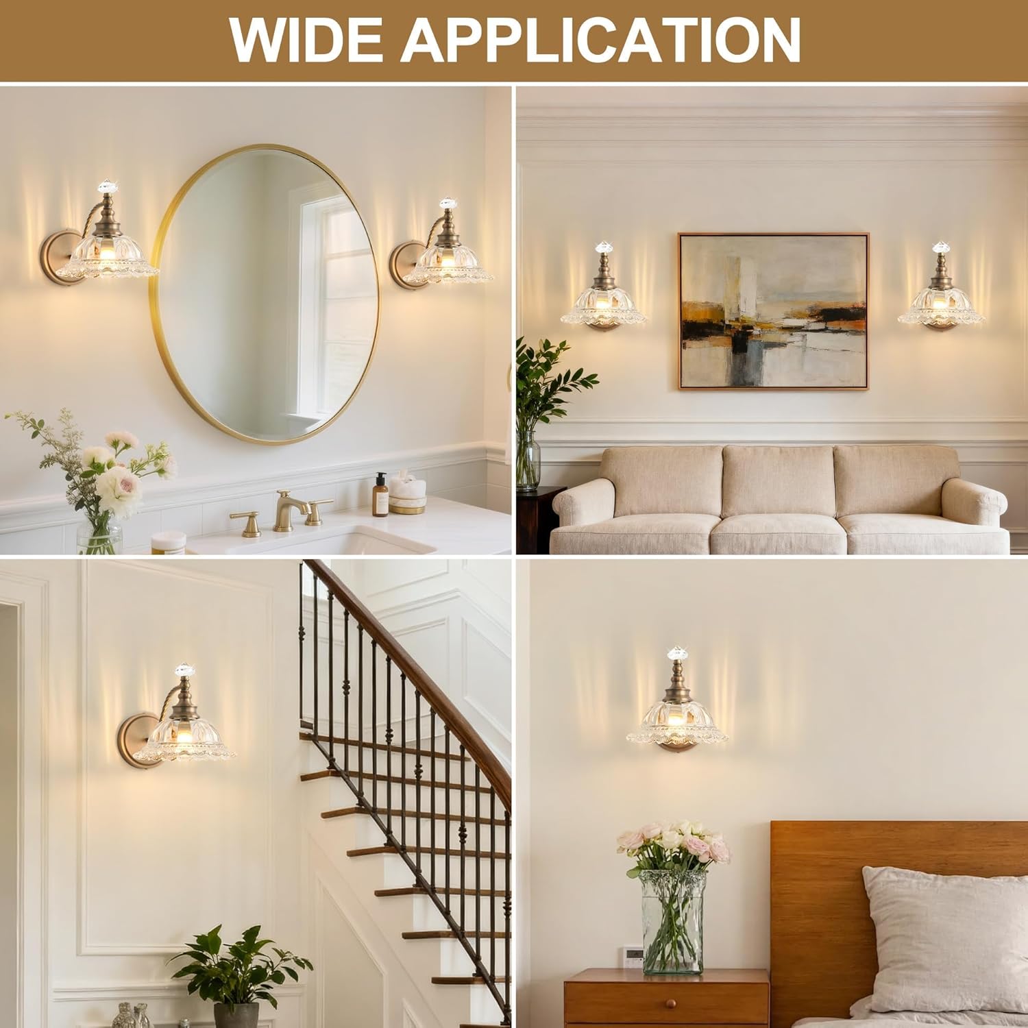 Vintage Bathroom Vanity Light Fixtures, 1-Light Brass Light Fixtures Over Mirror with Clear Crystal Glass Flower Shade, Mid Century Farmhouse Wall Mount Lighting for Living Room, Kitchen