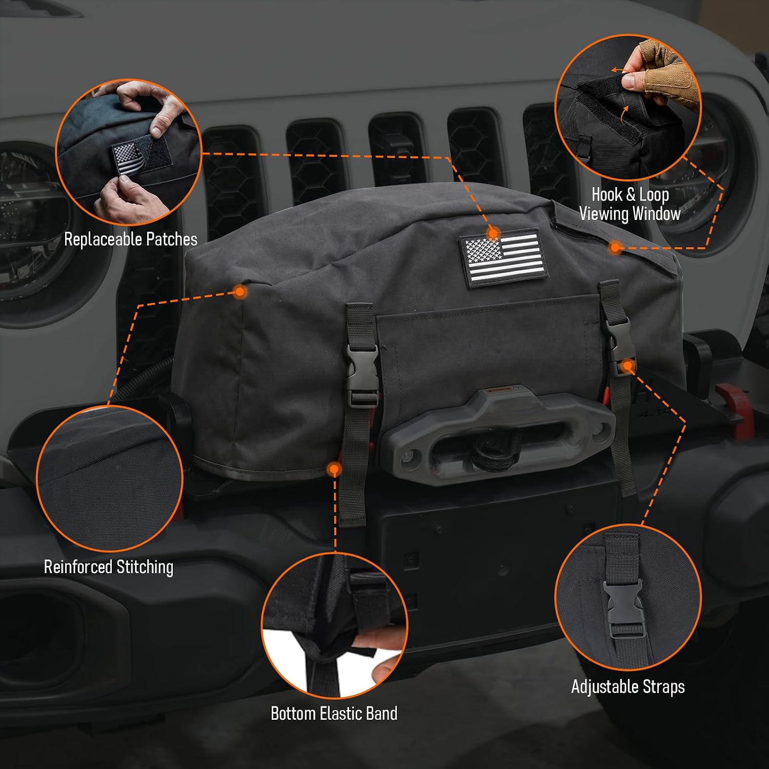MAIKER 900D Waterproof Winch Cover with DIY Patch Design, Heavy-Duty Universal Dust Protector for 8500-17500 Lbs Winches, Top and Front Hook & Loop Openings with Adjustable Buckle Straps,Black