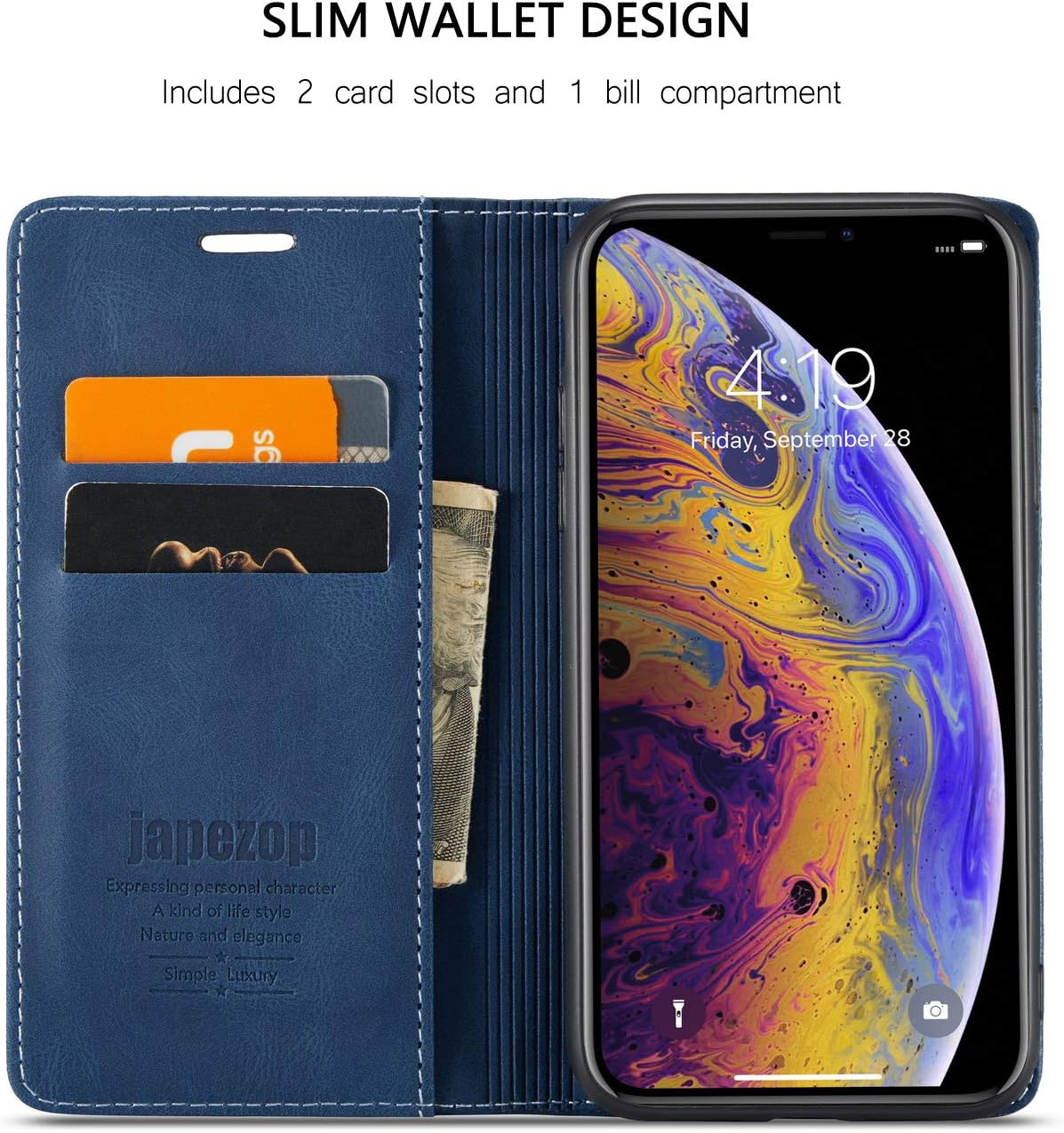 japezop iPhone Xs iPhone X Wallet Case with Card Holder RFID Blocking, Premium PU Leather Wallet Case with Magnetic Kickstand and Flip Cover for iPhone X (2017) / Xs (2018) 5.8 inch (Blue)