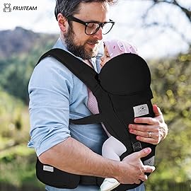 FRUITEAM Baby Carrier Newborn to Toddler, Safety-Certified Waist Stool with Hip Seat, Ergonomic 6-in-1 Baby Carrier with Head Support, Adjustable & Removable Baby Holder for All Seasons, Black