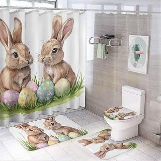Rabbit Animal 4Pcs Shower Curtain Sets with 12 Hooks, Watercolor Bunny Egg Flower Grassland Rustic Bathroom Shower Curtains Set with Rugs, Toilet Lid Cover and Bath Mat, 72 x 72 Inch