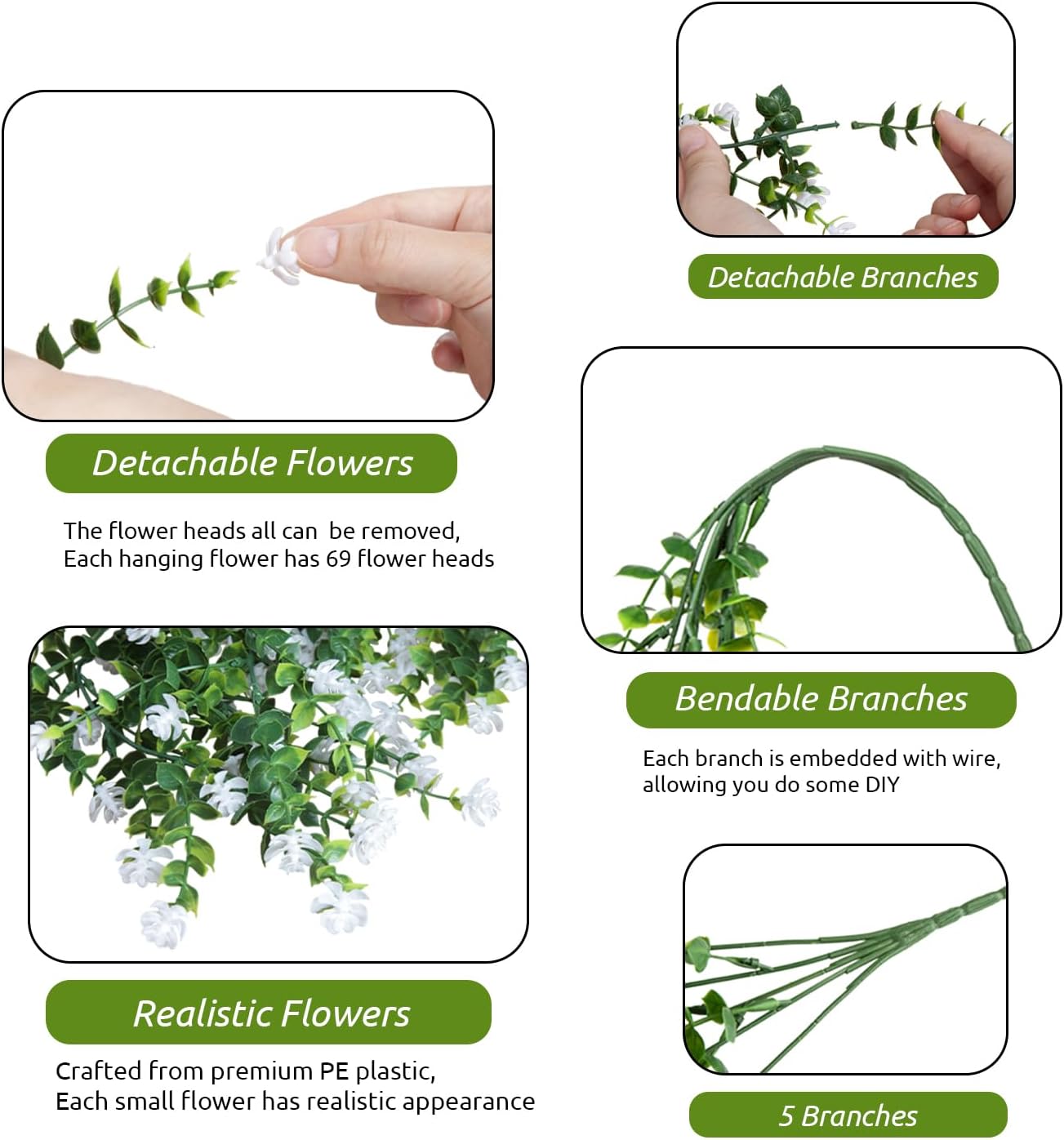 Artificial Hanging Plants, 3PCS Greenery Stems Fake Hanging Plant Eucalyptus Leaves Vine UV Resistant Plastic Plants for Porch Garden Wedding Indoor Outdoor Decor(White)