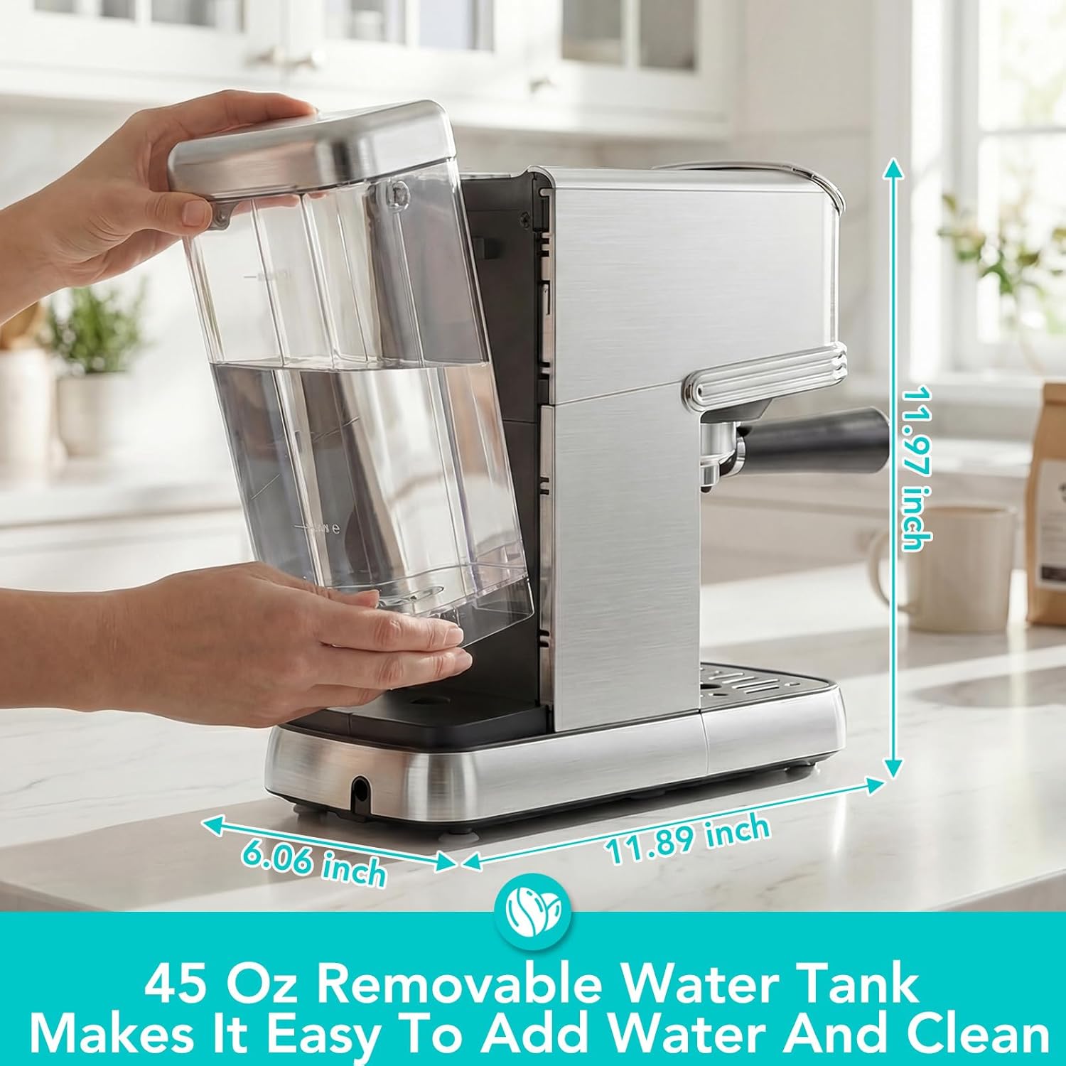 Espresso Machine 20 Bar, Stainless Steel Espresso Maker with Steam Milk Frother, Compact Coffee Machine with 45oz Removable Water Tank, for Cappuccino,Latte&Cold Brew Home&Office