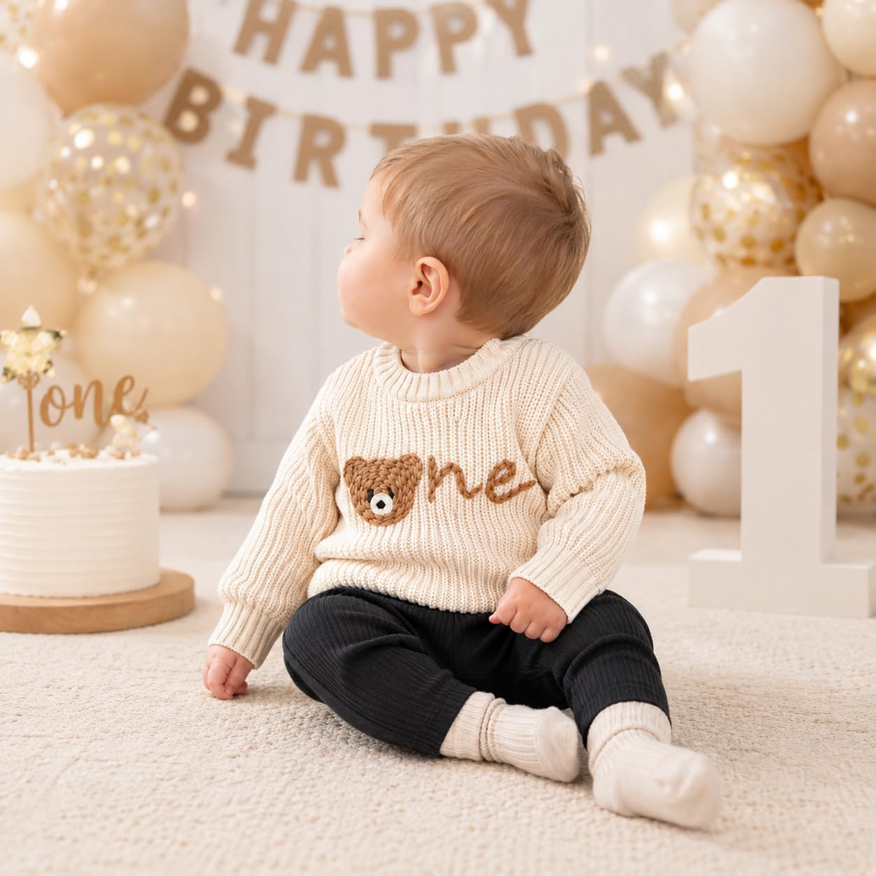 1st First Birthday Outfit Girl Boy One Sweater Embroidery Knit Pullover Fall Winter Clothes with Baby Gift Bag