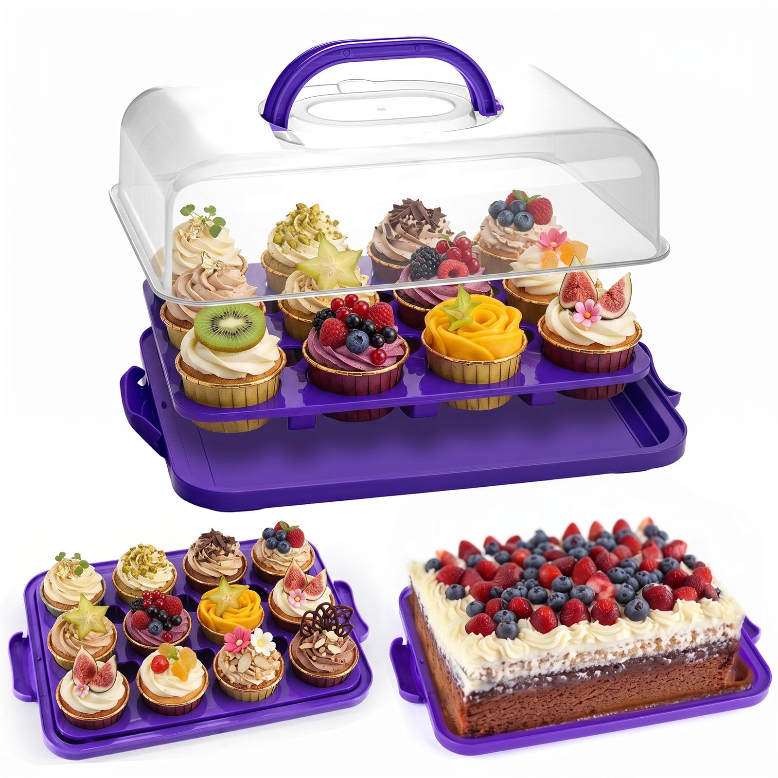 VGOODALL Cupcake Carrier, Rectangle Cake Plate with Lid, 12 Capacity Cup Cake Portable Container Dessert Holder with Handle for Family Picnics and Party Events, 2-in-1 Design, Purple