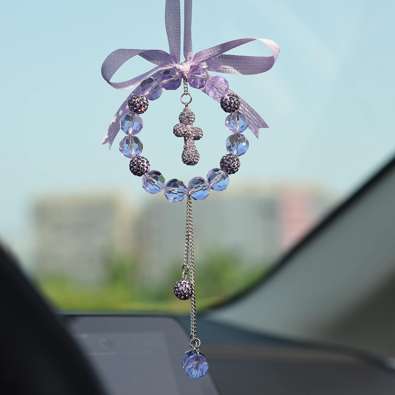 INEBIZ Bling Car Charm Pendant Crystal Beaded Hanging Ornament for Rear View Mirror Decoration (A-Purple Cross)