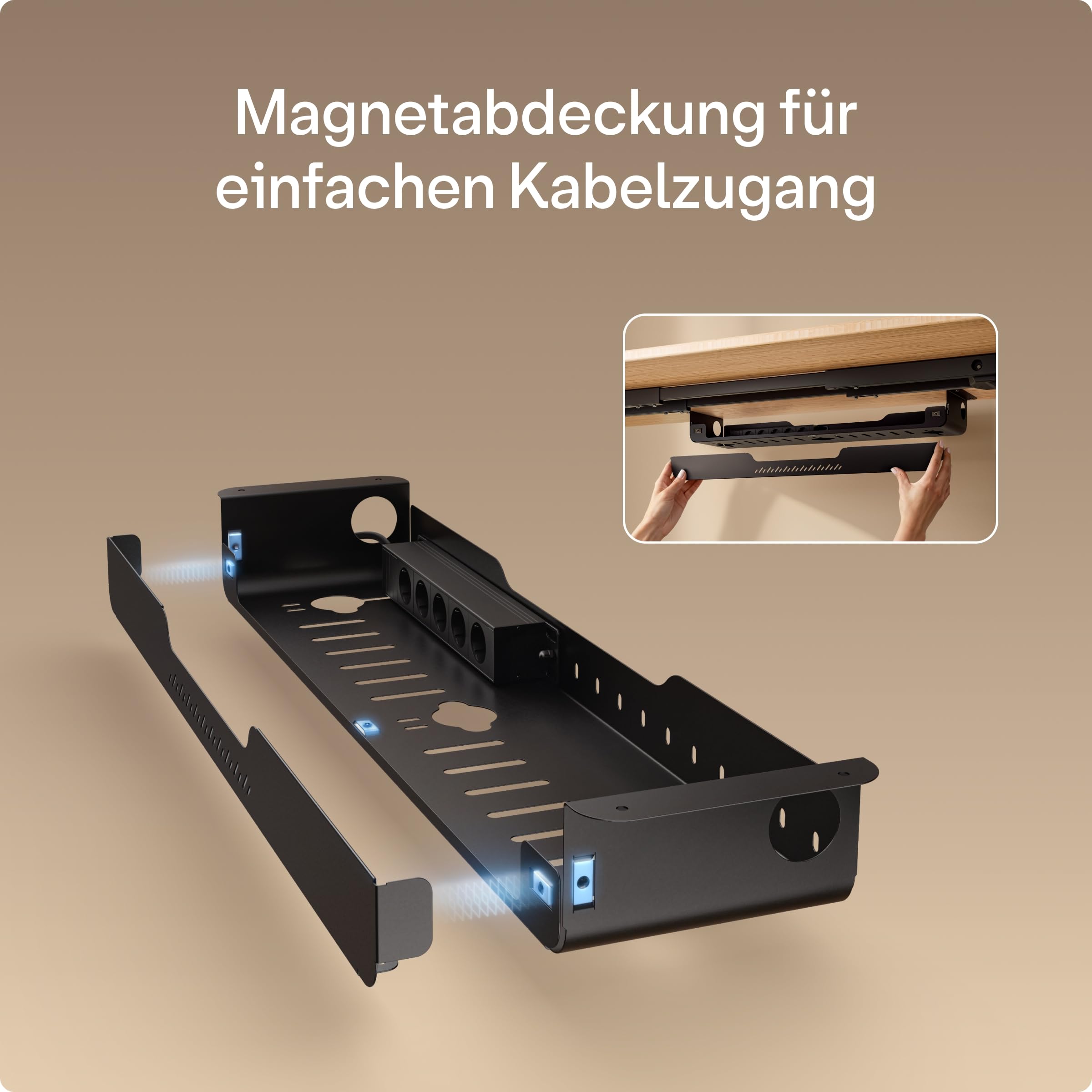Cable Management Pro Untertisch-Kabelmanagement mit Steckdosenleiste, Stahl-Kabelorganizer mit magnetischer Abdeckung, belüftetes Design, einfache Montage