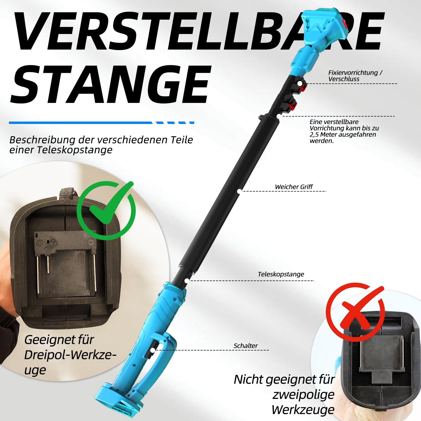 Teleskopstange für Akku-Astschere und Hochentaster, 1,2–2,5 m ausziehbar, 180° verstellbarer Kopf, Arbeitshöhe bis 4,6 m – Kompatibel mit Makita 18V/21V