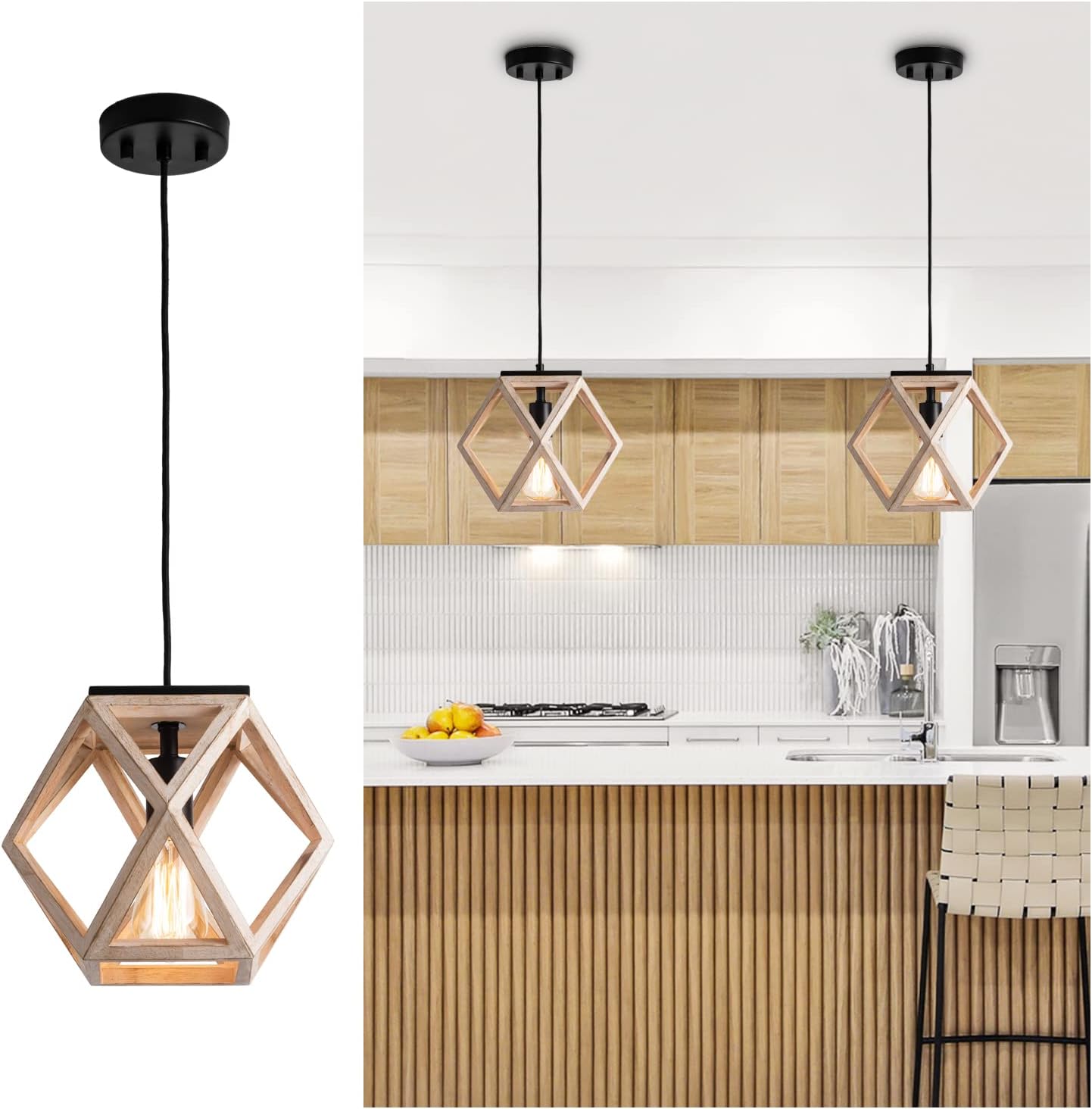 Farmhouse Wood Pendant Light, Vintage Geometric Wooden Cage Hanging Lamp, Adjustable Height, Retro Mini Pendant Lighting Fixture for Kitchen Island Dining Room Bedroom Foyer Entryway Hallway