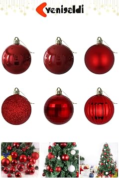 Yenigeldi 6 Adet K rm z  Noel A ac  S s    Mat, Parlak, Simli Ve Yans t c  Dekoratif Y lba  Topu Seti
