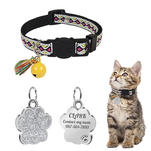 Uiopa Collar Gato con Chapas Personalizadas, Collar Gato Personalizado Antiahogo con Campana y Borla