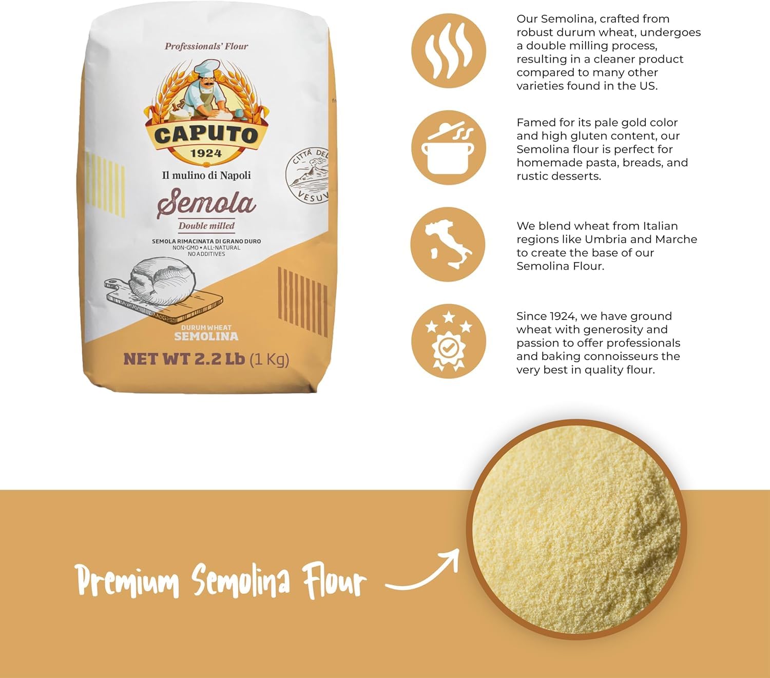 Caputo Semola Di Grano Duro Rimaninata Semolina Flour 1 kg Bag