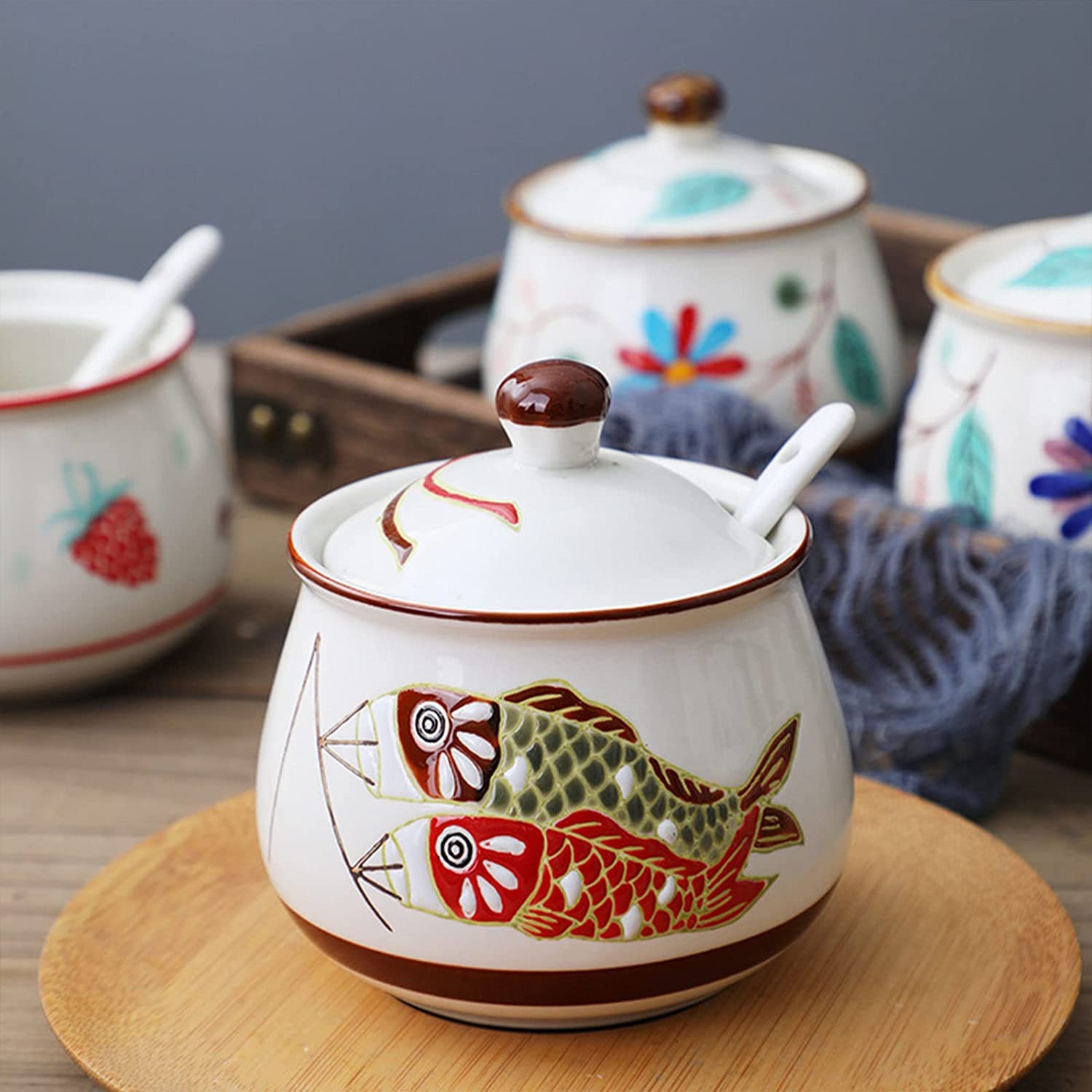 Azucarero de cerámica, jarra for crema, azucarero retro nórdico con tapa, tarro de almacenamiento con patrón dibujado a mano, azucarero de porcelana, tarro de especias, for cafetería, restaurante, azu