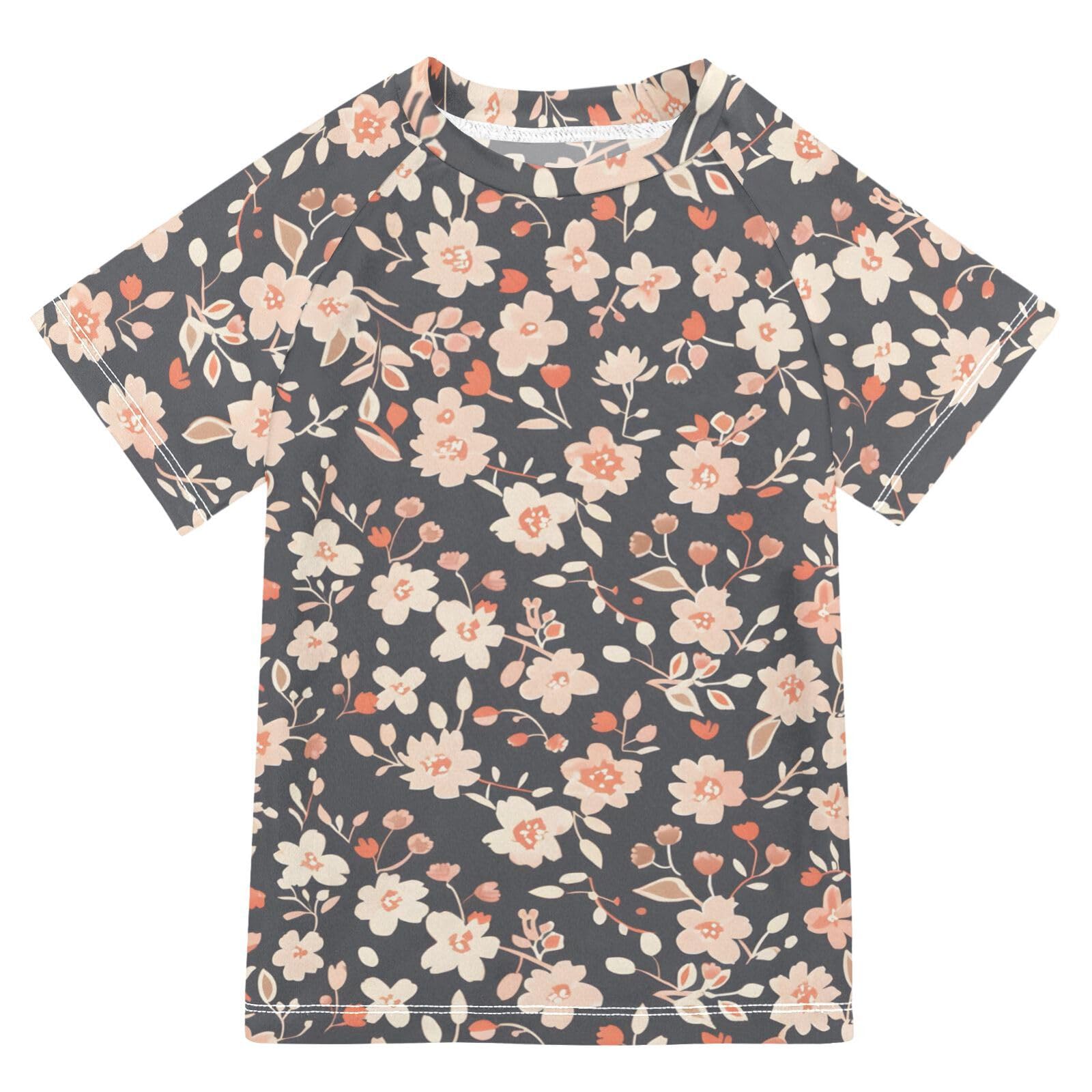ALAZA Kids Rash Guard Boys Toddler Swim Shirts Short Sleeve Coral Colored Tiny Floral UPF 50+ 3T